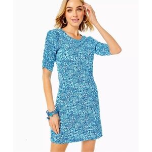 Lilly Pulitzer Floral Blue Ruched Sleeve Cotton Beldon Dress, XL